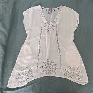 Johnny Was White Sheer Tunic with Floral Cutouts Sz L